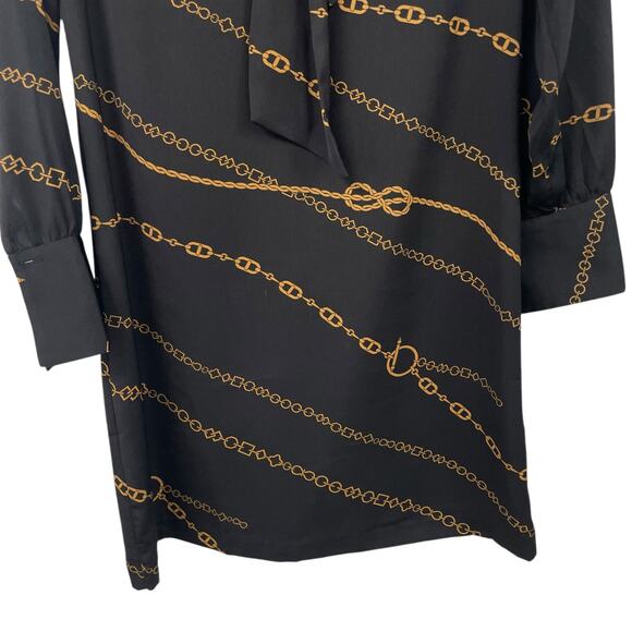 Ann Taylor Chain Print Tie Neck Shift Dress Black Brown Womens XS - Picture 2 of 7